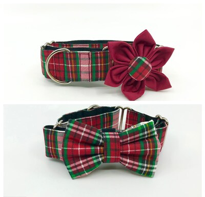 Red And Green Plaid Christmas Martingale Dog Collar With Optional Flower Or Bow Tie, Slip On Collar Adjustable Sizes S, M, L, XL - image1